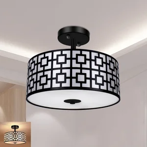 Depuley 32cm 3-light Ceiling Light Rustic Semi Flush Mount Drum Shade Black Finish for Kitchen Dining Living Room E26 Base Black