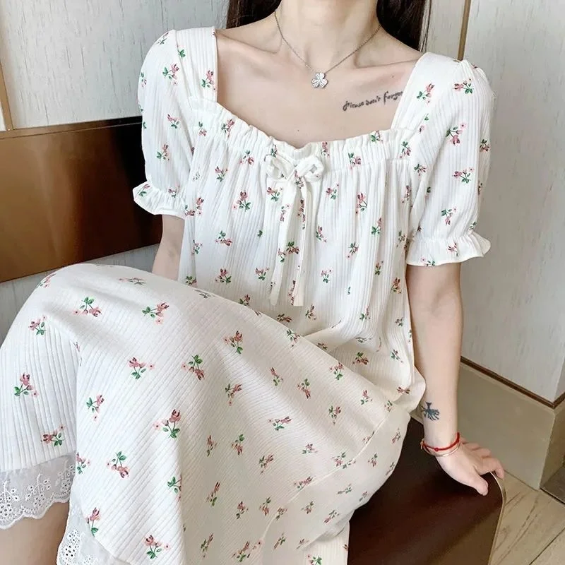

Summer Nightdress For Women Short Sleeve Nightgowns Floral Breathable Pajamas Sleepwear New Home Dressing Gown Pajamas Big Yards