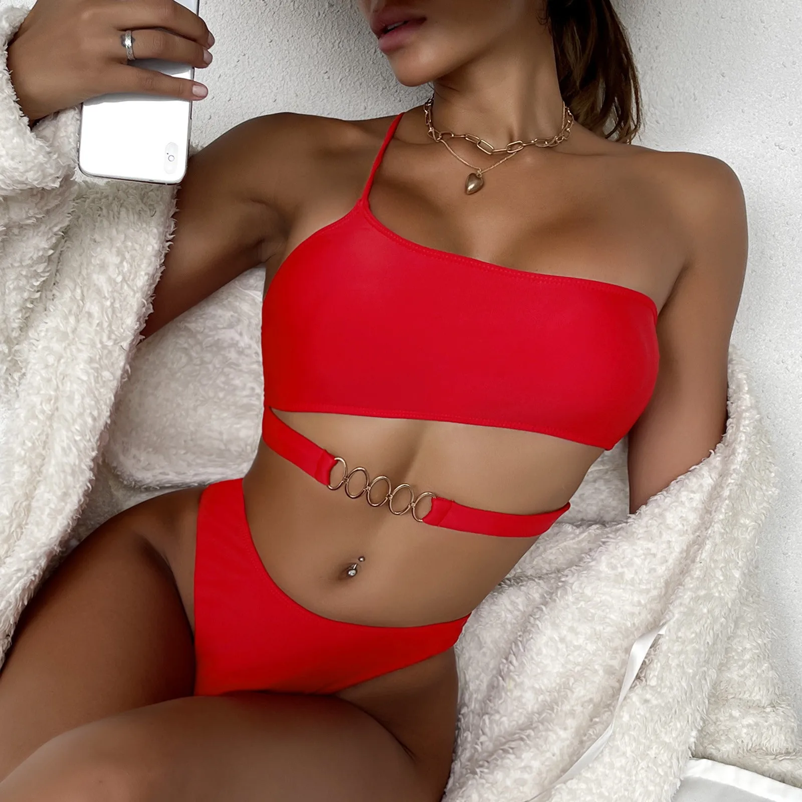 

One Shoulder Swimwear Women Push Up Swimsuit Solid Red Brazilian Bikini Set 2020 Biquini Bathing Suit Beach Swimming Suit 25#