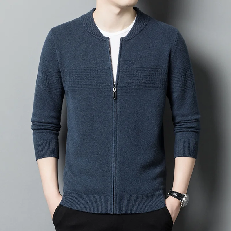 Men's Cardigan Autumn and Winter Pure Wool Baseball Collar Pure Color Thickened Casual Zipper Men's Cardigan Sweater