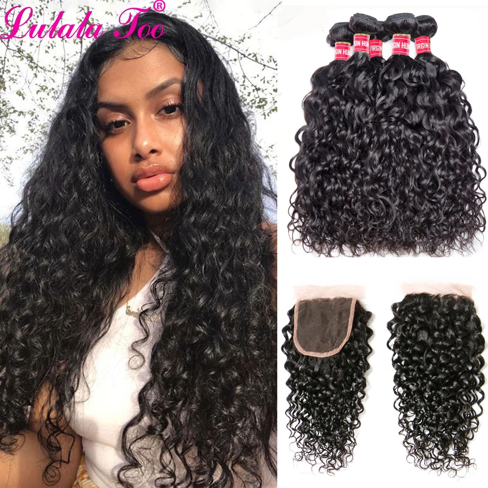 

30 Inches Water Wave Bundles With Closure Brazilian Remy Wavy Human Hair Bundles With 4x4 Lace Closure Free Part Lulalatoo Hair