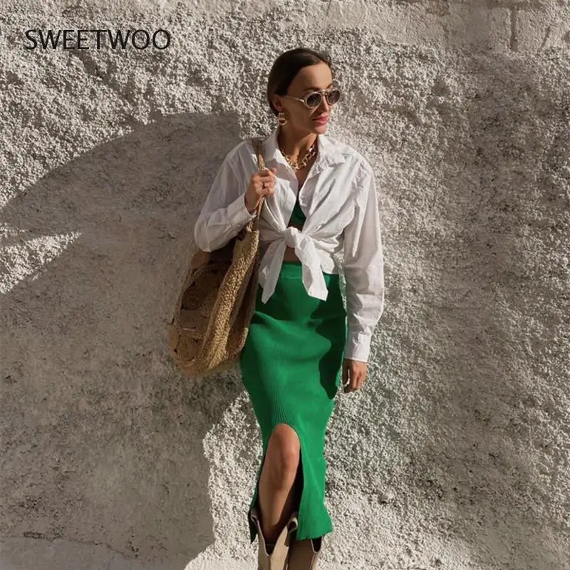 

Fashion Green Knitted Ribbed 3 Pieces Women Sets Y2K Summer Holiday Single Button Loose Coat Sexy Underwear Bra High Waist Skirt