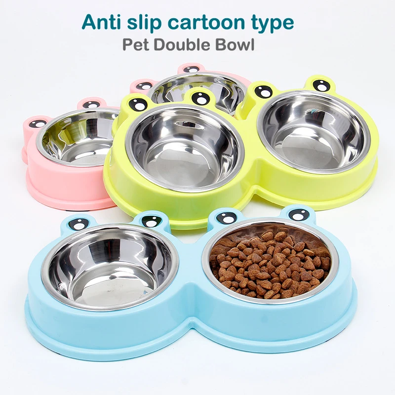 Cat Bowl Dog Bowl Drinking Water Feeding One-piece Pet Double Bowl Stainless Steel Frog Shape Pet Bowl Pet Food Utensils Pet Pro