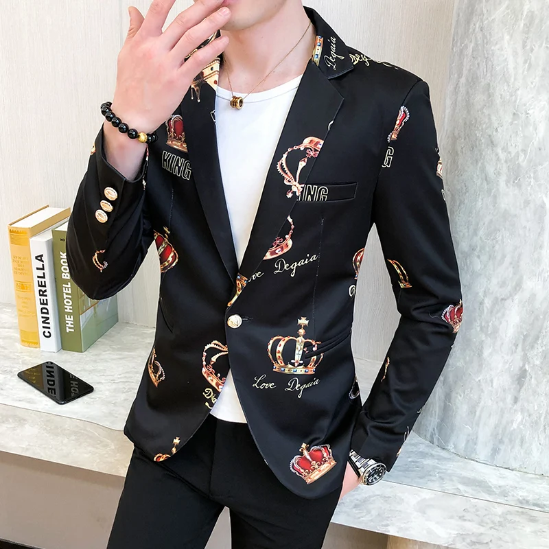 

Spring and Autumn Crown Print Suit Jacket Men's Casual Slim Club Stage Singer Host Dress Men's Fashion Formal Tailcoat Jacket