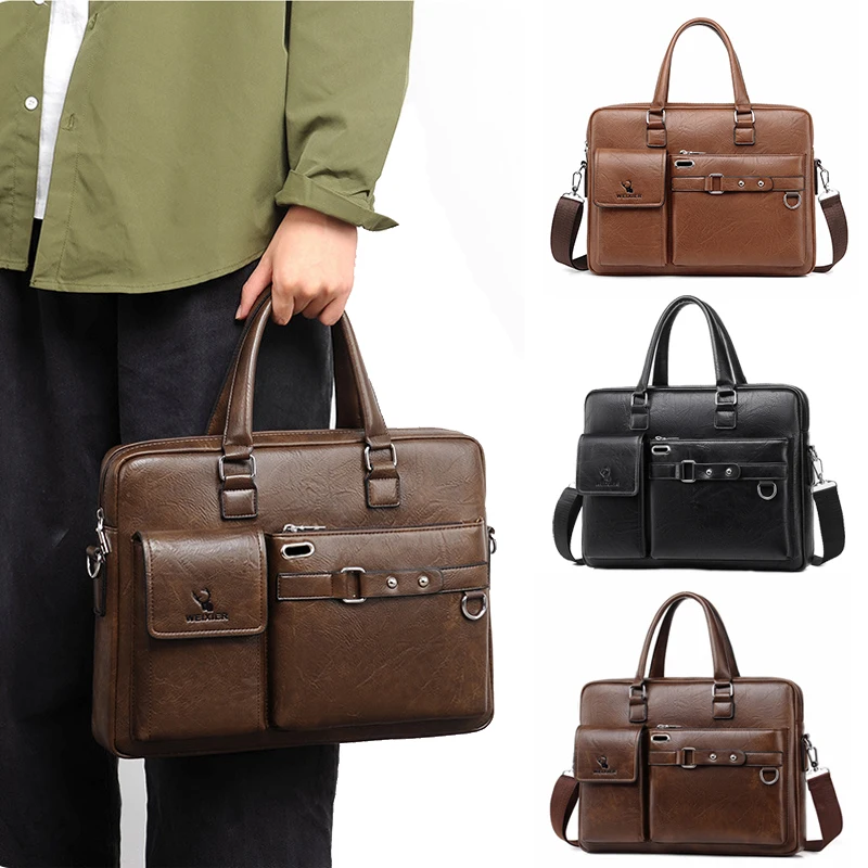 Leather Briefcase Bag for Man A4 Documents Designer Handbag Computer Laptop 14 Shoulder Business Messenger Tote Crossbody Bag