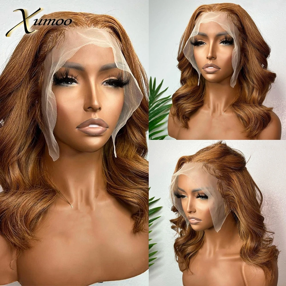 Xumoo Brown Color  4X4 Lace Closure Wigs Short Bob Wave Pixie Cut Transparent Brazilian Remy Human Hair Wigs For Women Prepluck