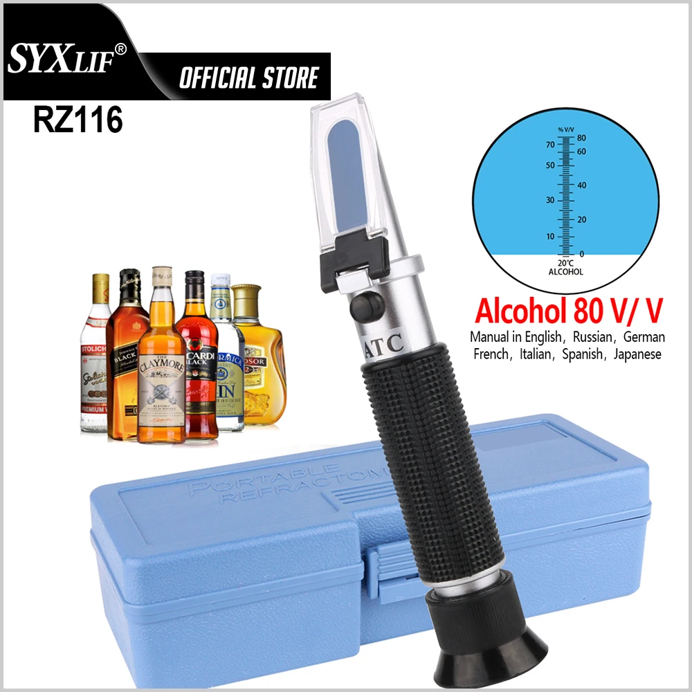 

SYXLIF Handheld Alcohol Beer Refractometer Spirits Tester Alcohol 0-80% Portable Alcoholometer Adjustable Manual ATC with box