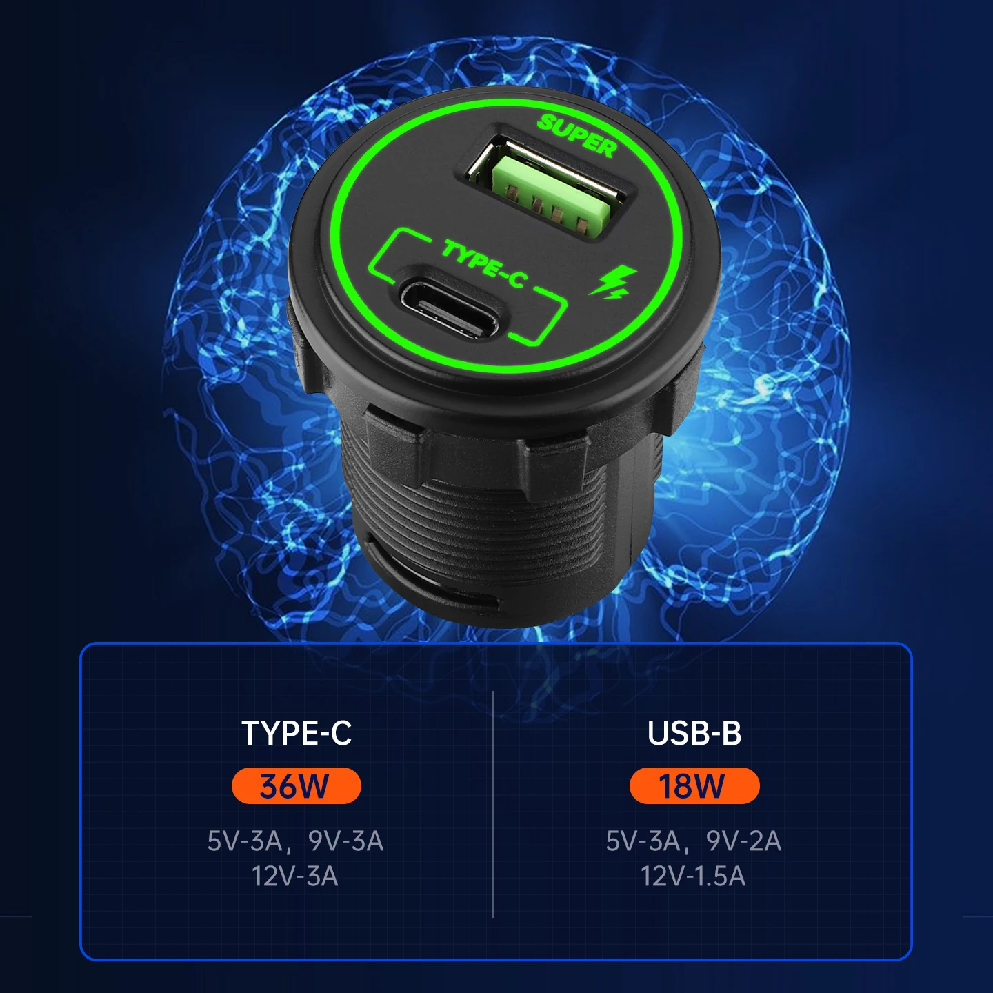 Фото Водонепроницаемая автомобильная зарядная розетка 12В/24В с USB-портами PD 36W Type-C и QC3.0 18W USB-A для быстрой зарядки, аксессуары для автодомов №2