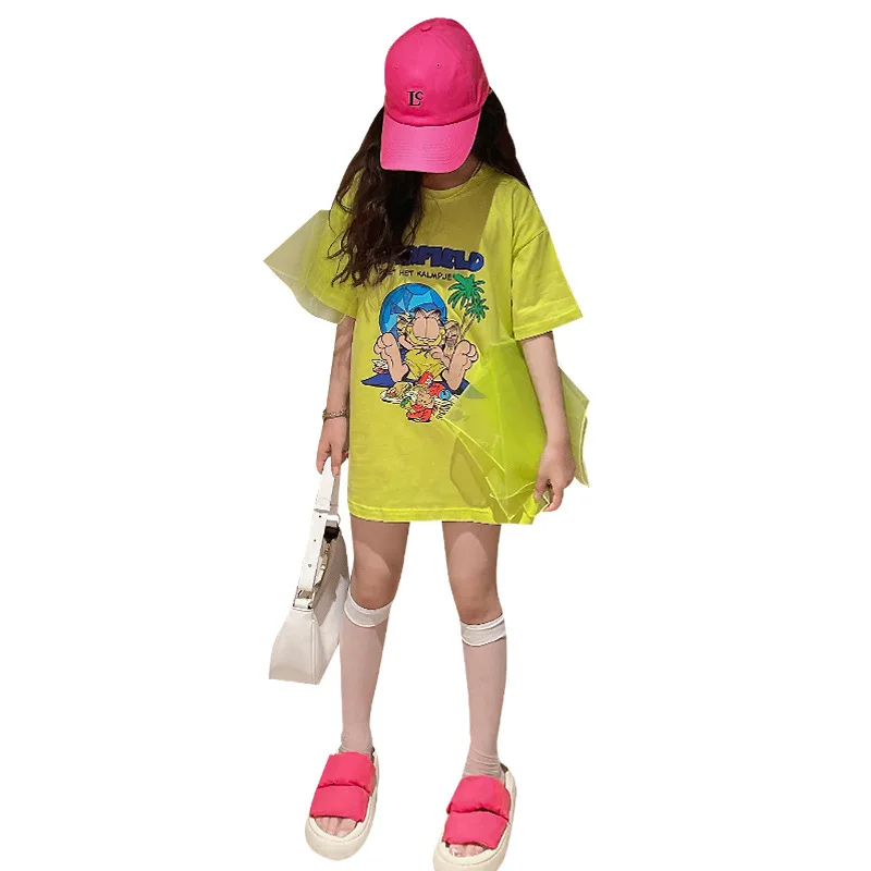 Girls European goods 2022 summer new loose and versatile cartoon print stitching lace design tops