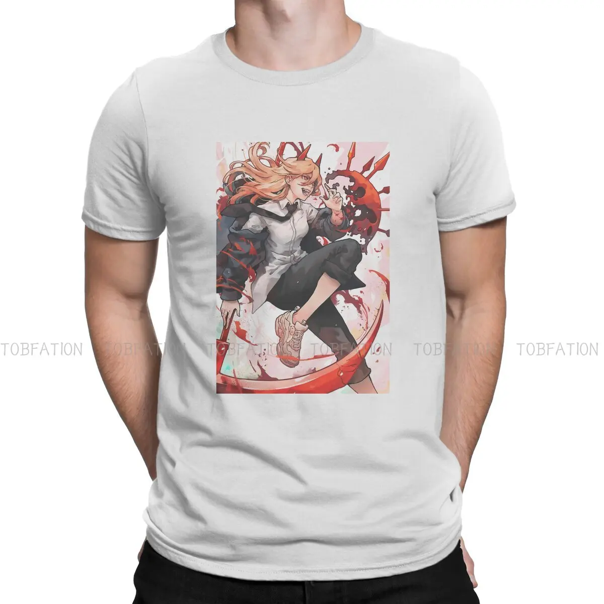 

Chainsaw Man Anime Crewneck TShirts Cover of Power Personalize Men's T Shirt Hipster Clothing Size S-6XL