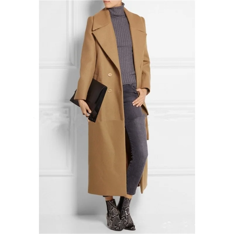 100% Real Picture Women Camel Wool Overcoat With Belt Warm Thick Business Causal Daily Coat Double Breasted Costume In Stock