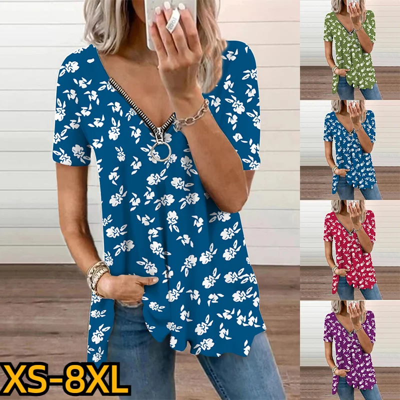 

2023 Fashion Casual T-shirt Summer Women's V-neck Elegance Pullover Sexy Zipper Short Sleeve New Design Printed Top XS-8XL