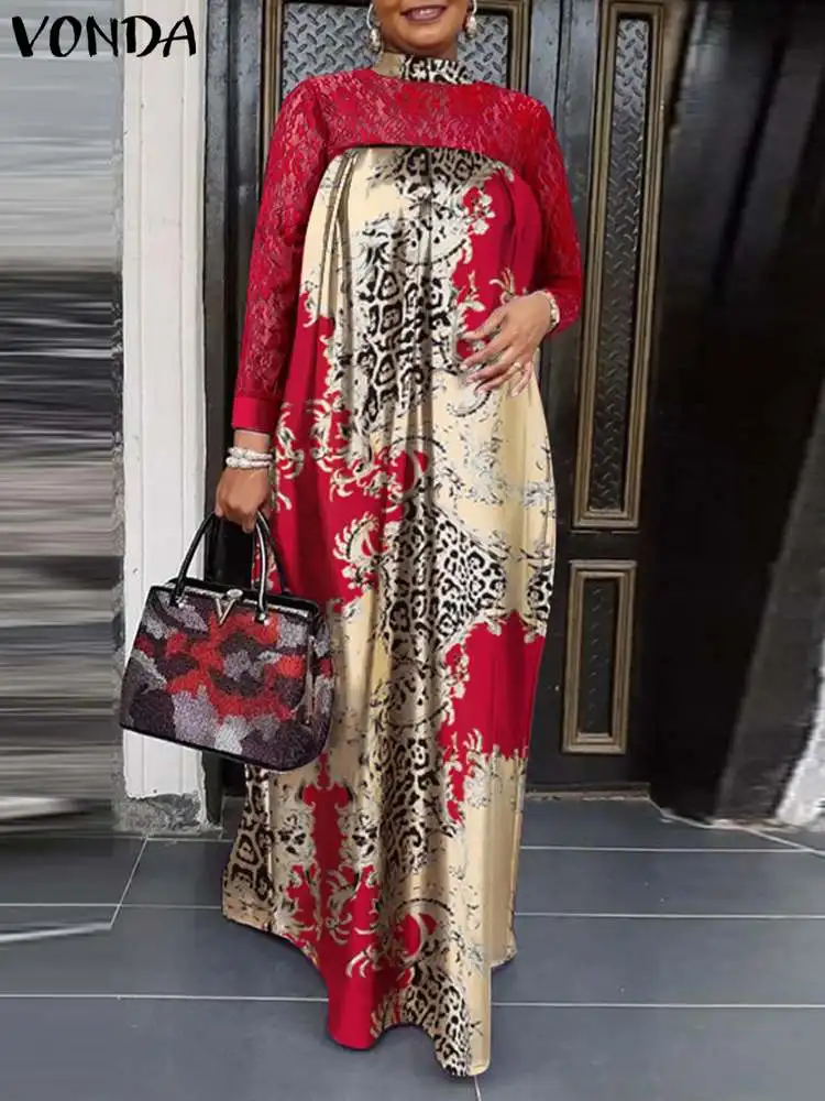 

VONDA Women Vintage Pleated Party Maxi Sundress Long Dress 2022 Long Sleeve Lace Vestidos Femme Printed Patchwork Robe Femininas