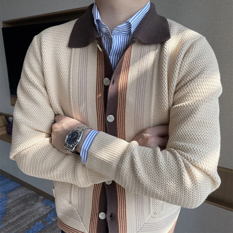High quality Straight autumn winter new cardigan men's jacquard color contrast slim casual sweater coat