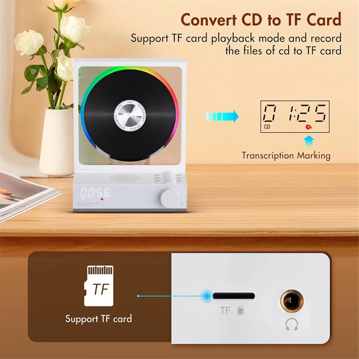 HOTT CD-плеер Портативный Bluetooth 5.3 Настольный с цветной подсветкой рецептом таймером