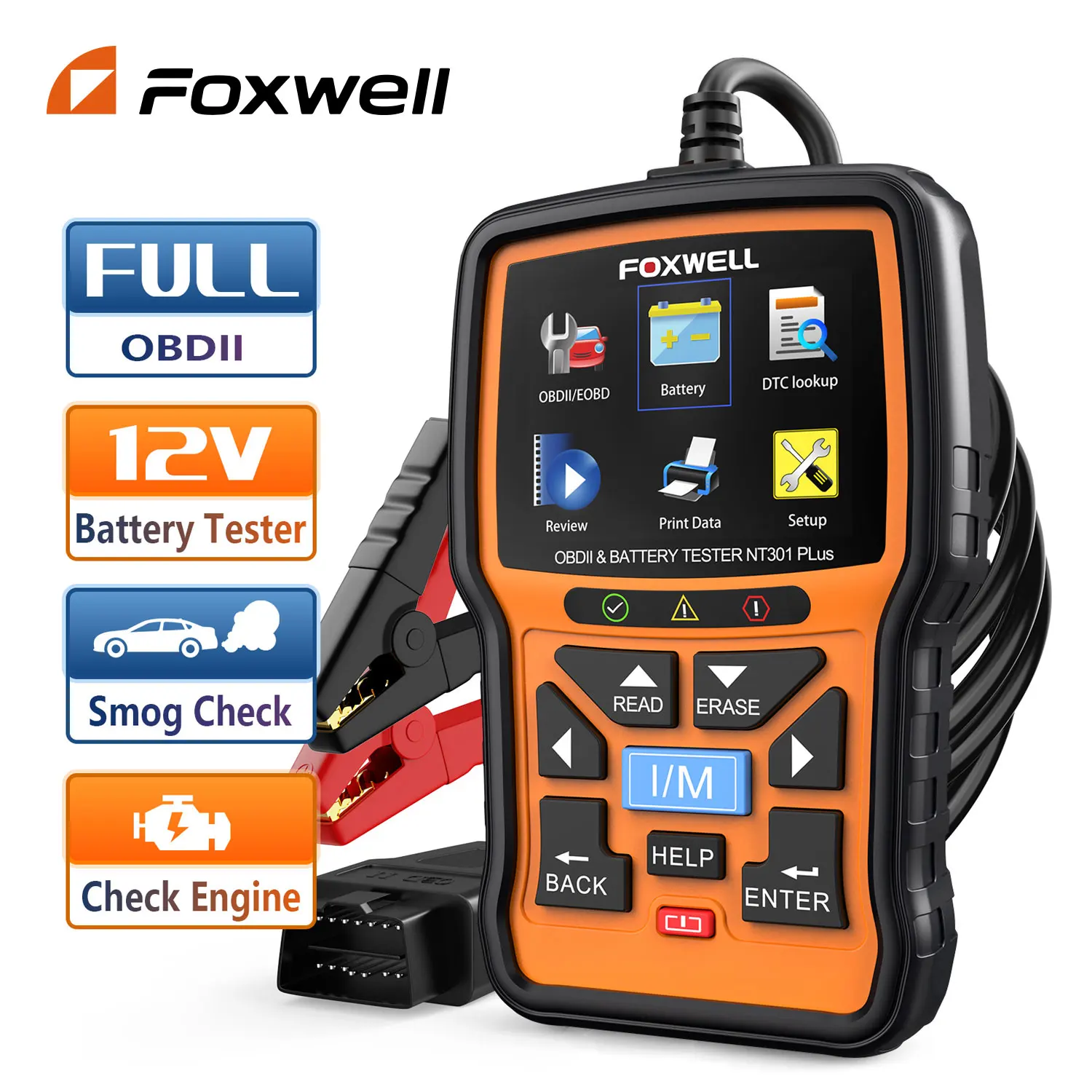 FOXWELL NT301 Plus OBD2 Scanner Battery Tester 2 in 1 Code Reader Scan Tool Auto 12V Battery Analyzer Diagnostic Tool PK NT301