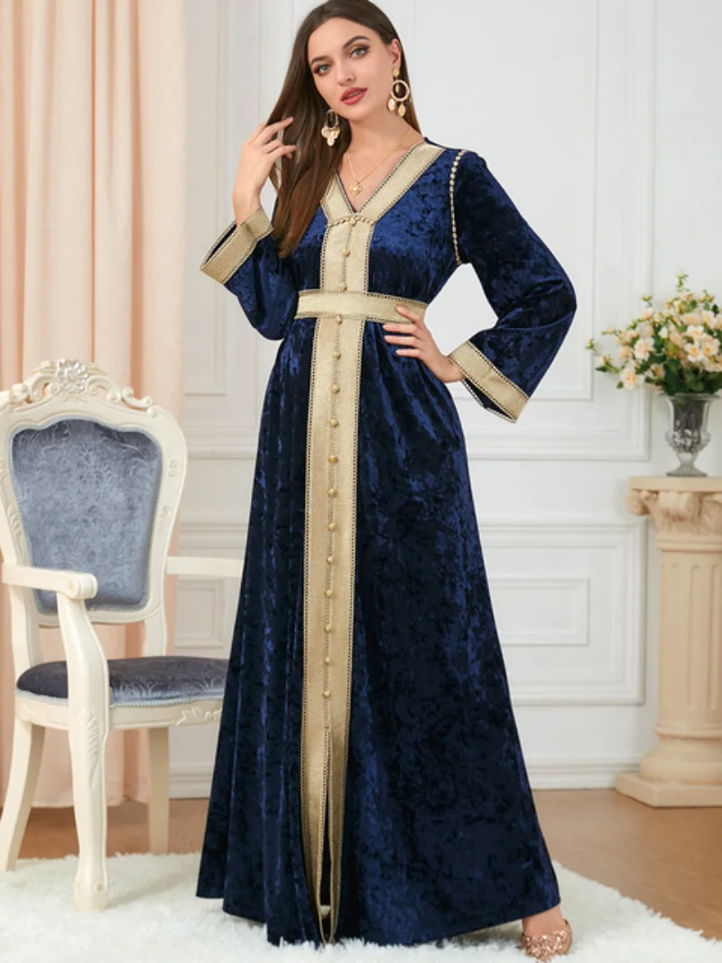 Muslim Abaya Dress Dubai Velvet Tape V-Neck Trim Belted Moroccan Kaftan Split Hem Maxi Dress Islam Oman Qatar Abayas For Women