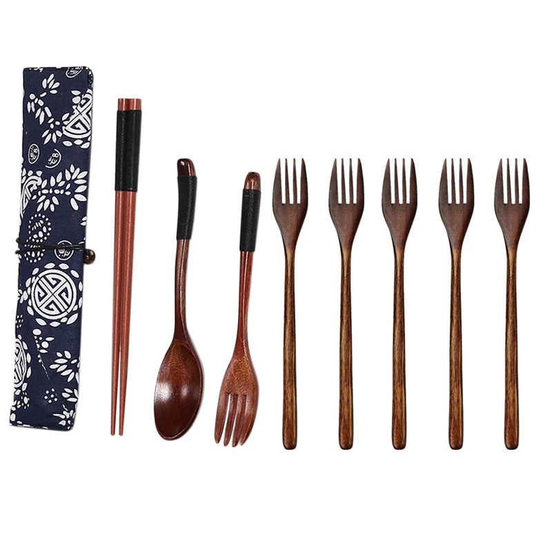 

2 Set Japanese Wooden Tablewares: 1 Set Wooden Forks Salad Dinner Fork & 1 Set Dessert Chopsticks Spoon Fork