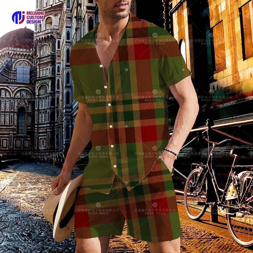 2023 Men's Red Check Shirt and Shorts Set Summer Fashion Beach Short Sleeve 2-Piece Set Luxury Breathable Tops Hawaiian Set