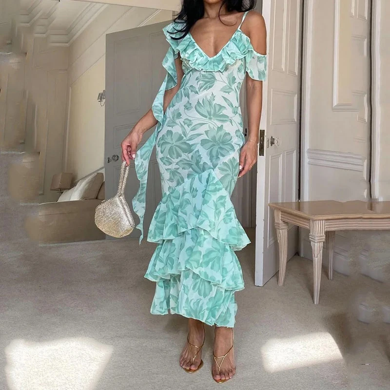 

Элегантное праздничное платье с цветочным принтом и V-образным вырезом, женское летнее облегающее длинное платье на бретельках с оборками, новое модное асимметричное пляжное длинное платье