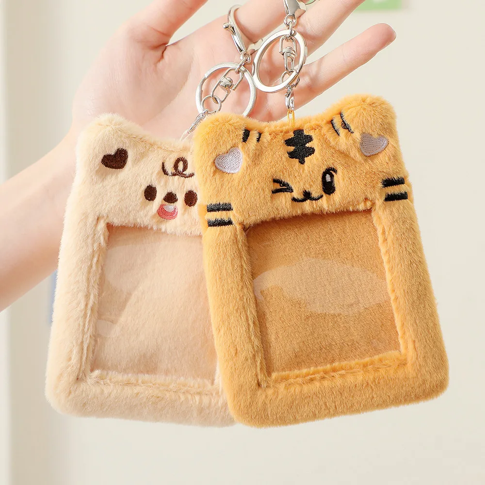 korea cute bear rabbit plush photocard holder kawaii kpop idol photo sleeve case id card cover with keychain bag pendant decor free global shipping