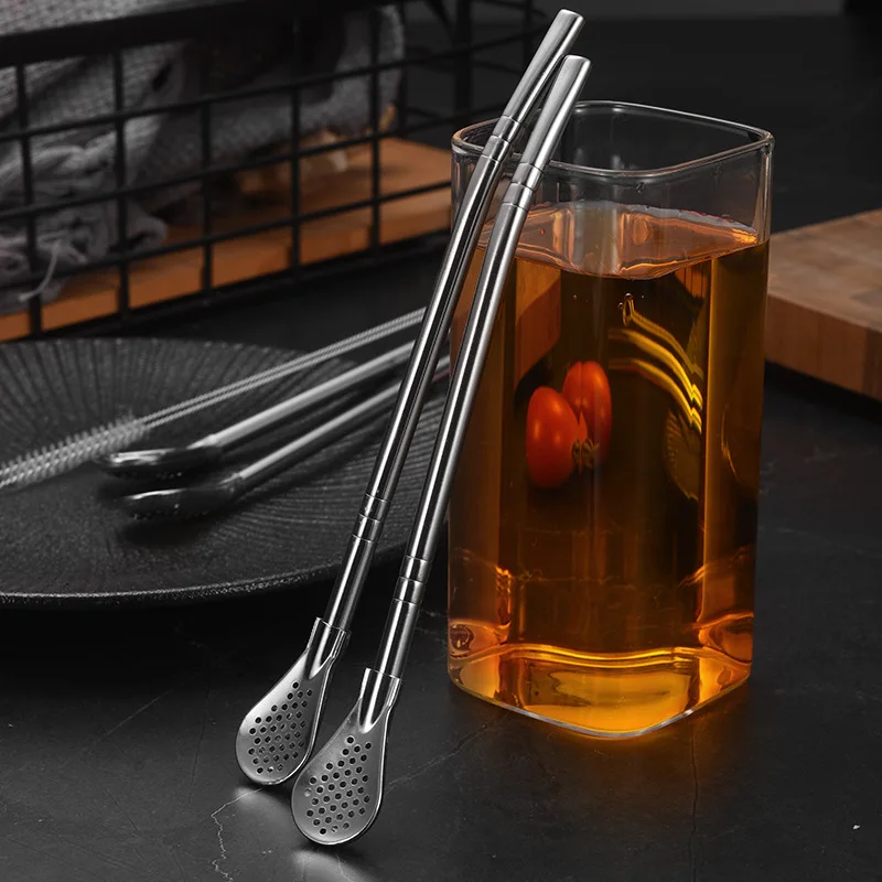 

304 Stainless Steel Straw Colander Creative Dual Purpose Madai Spoon Drink Coffee Filter Sucker Stirring Spoon