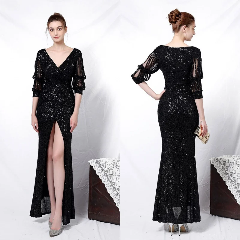 New style elegant long sleeve sequined queen fishtail evening dress for banquet women formal gown