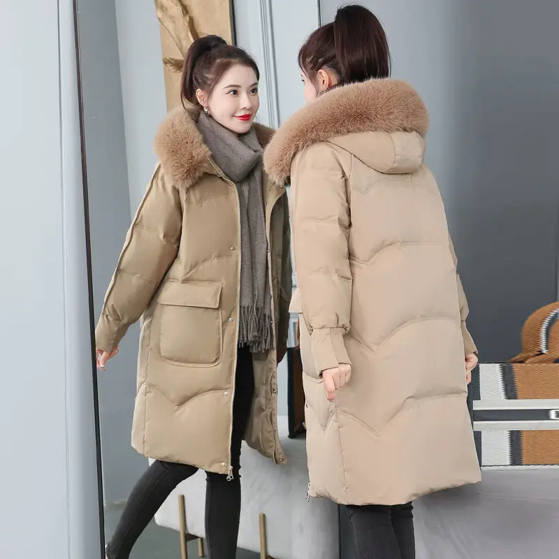 

2022 Winter Women's Mid-length Down Puffer Jacket Fashion Hooded Windproof White Duck Down Warm Coats Doudoune Femme T220