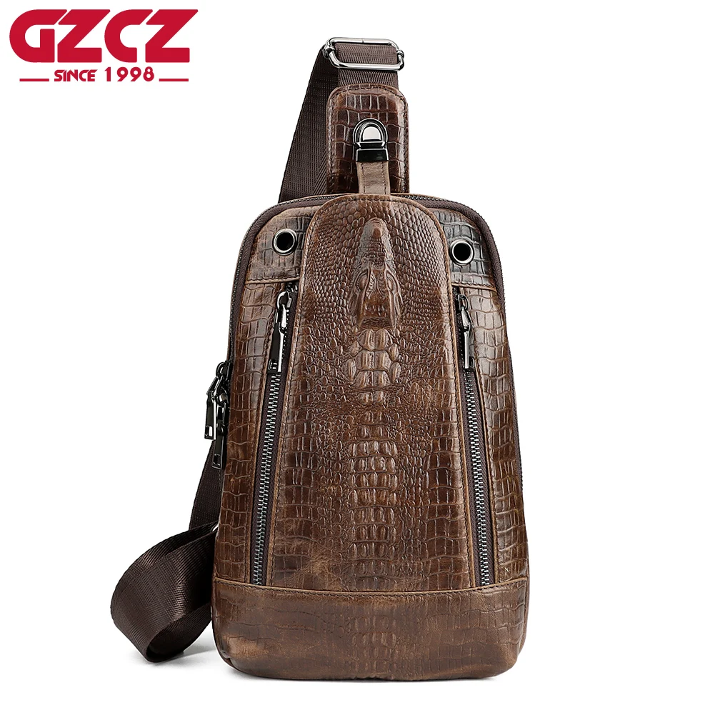 

Vintage Crocodile Grain Men's Chest Pack Luxury Design Crossbody Bag Alligator Hasp Shoulder Bag for Men with Ziper Phone Pocket
