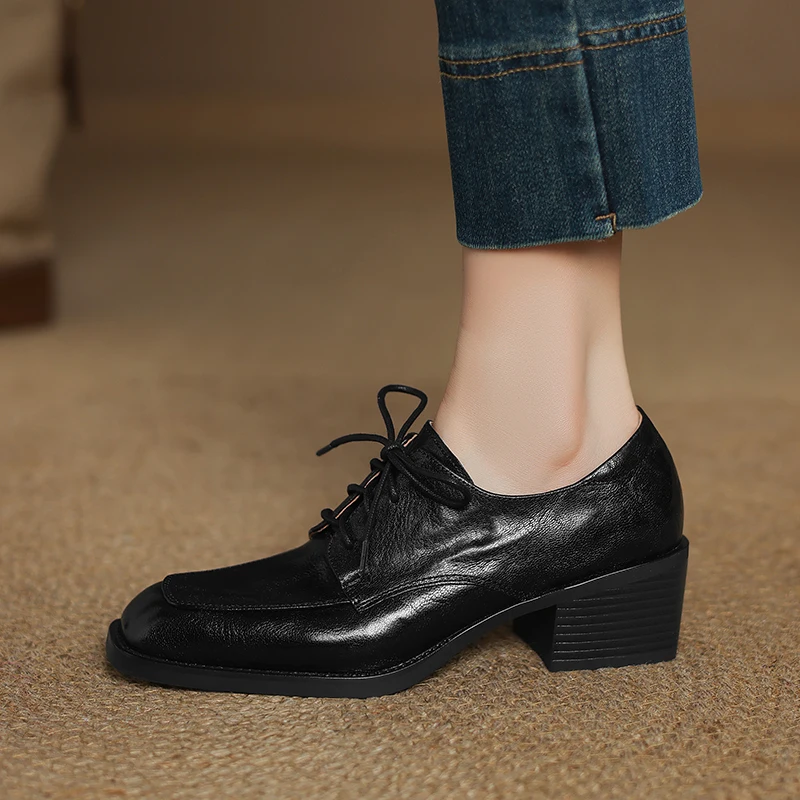 Женские туфли дерби с квадратным носком на шнуровке из натуральной кожи