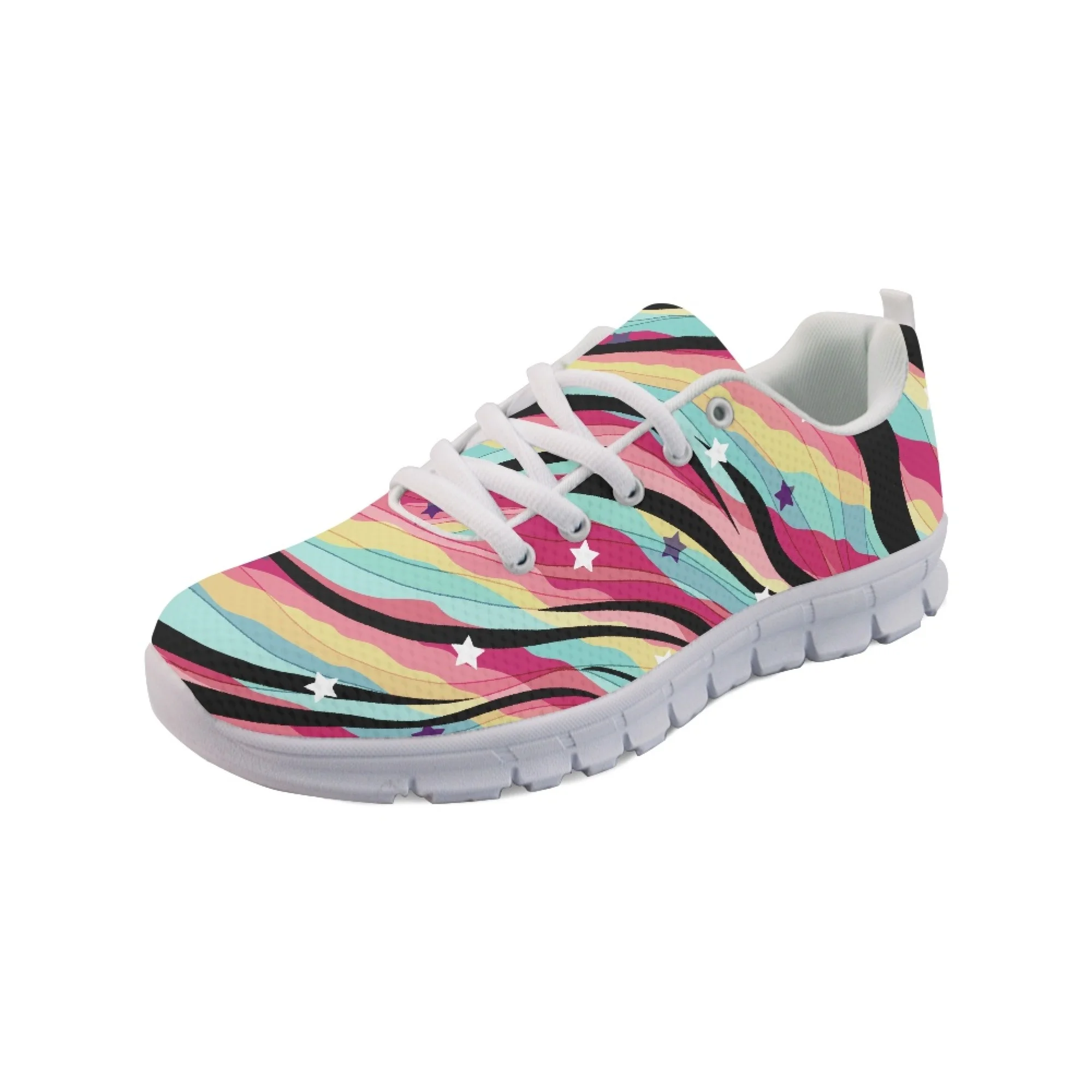 Yikeluo Abstract Stripe Pattern Design Ladies Casual Sneakers Comfort Girls Lace up Flat Shoes for Women Footwear Walking Shoes