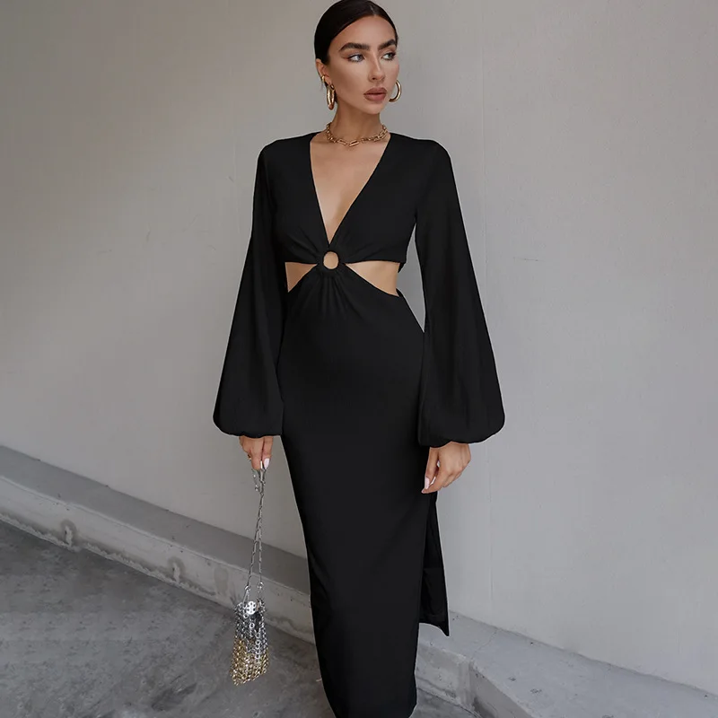

2022 Spring and Summer New Women's Clothing Sexy V-neck Hollow-out Elegant Split High Waist Dress goth dress white dress