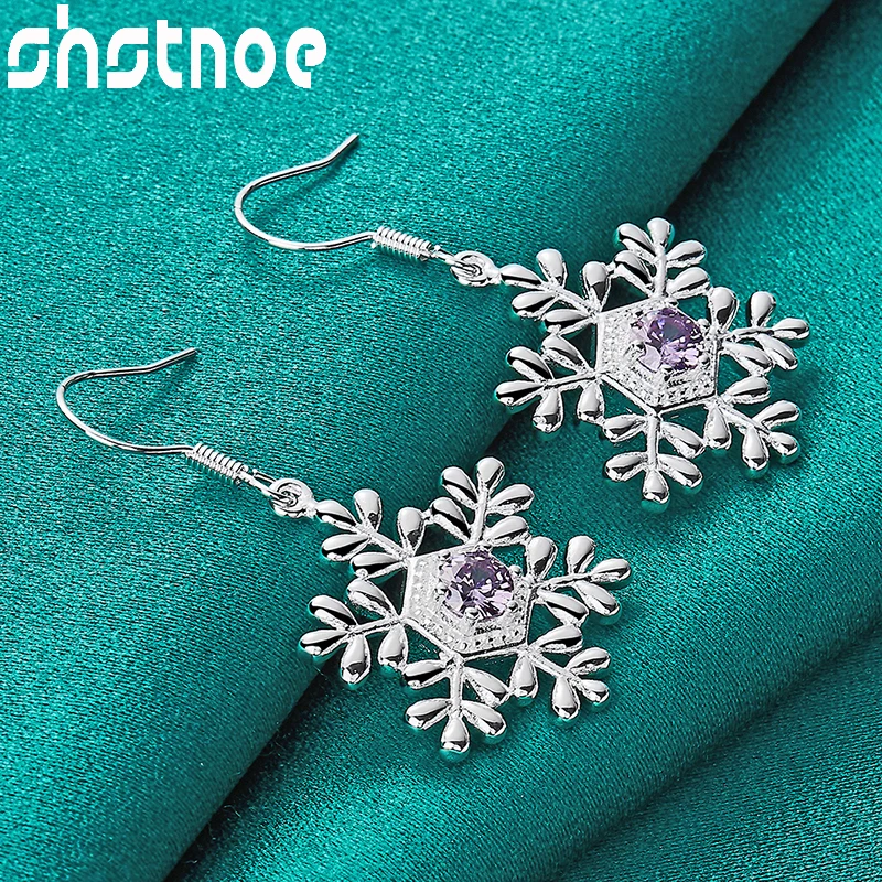 

925 Sterling Silver AAA Purple Zircon Snowflake Drop Earrings For Women Party Engagement Wedding Valentines Gift Charm Jewelry