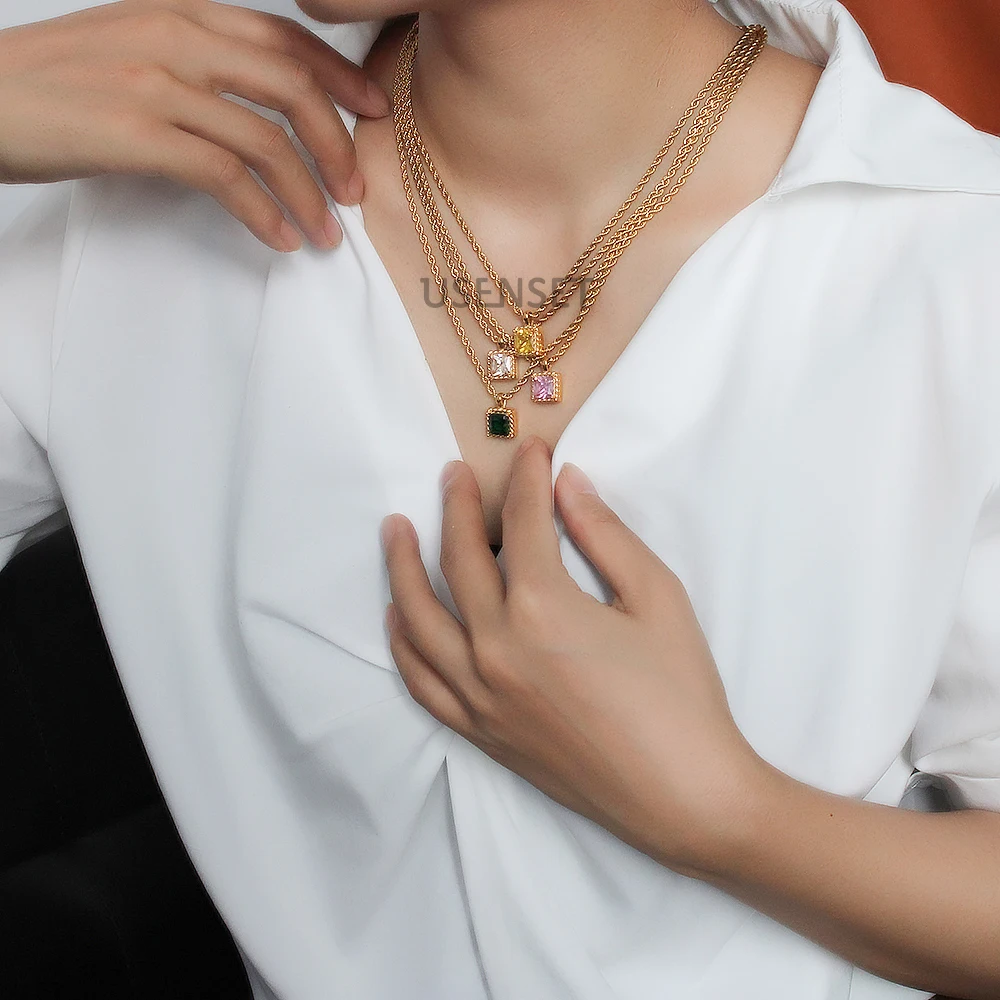 

18k Gold Plated Charm Square Pendant Trendy Dainty Rope Chains Necklace Cubic Zircon Womens Choker YS417
