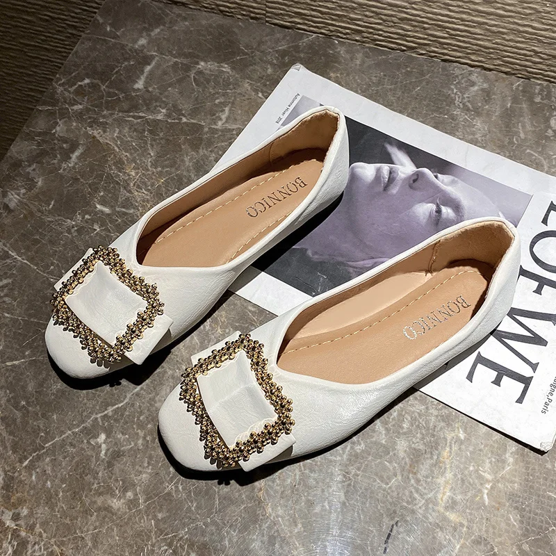 Plus Size Flat Shoes for Women 2023 New Spring Autumn Korean Fashion Checker Diamond Buckle Shoes Shallow Mouth Women's Shoes
