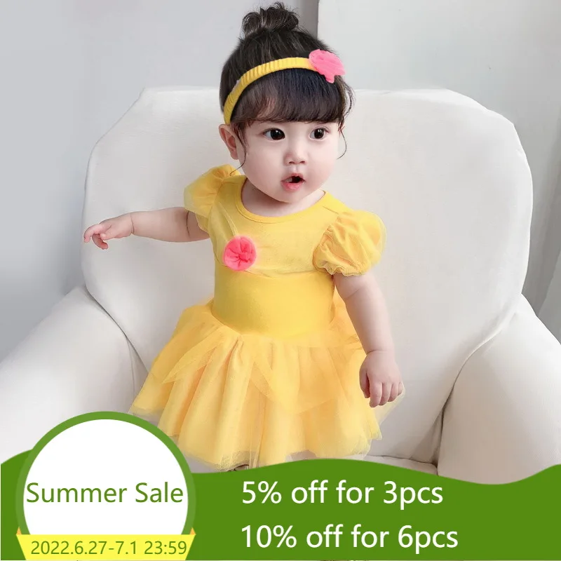 

Baby Girl Cartoon Bodysuit With Headband First Birthday Snow White Mermaid Cinderella Tulle Overall Baby Clothes E932