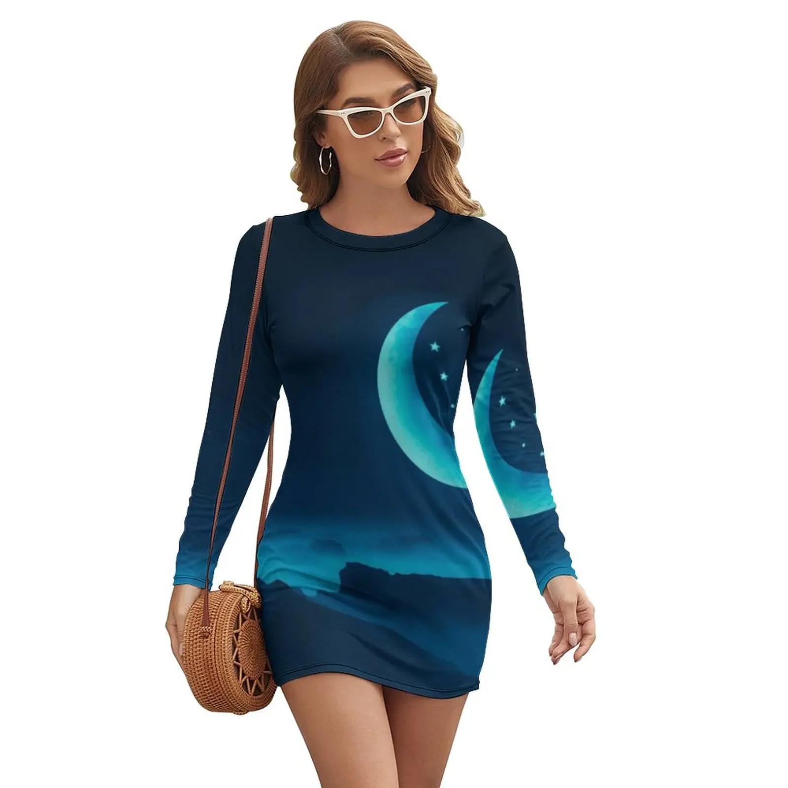 

Mountains Print Dress Long Sleeve Blue Quarter Moon Korean Fashion Dresses Elegant Bodycon Dress Women Graphic Oversized Vestido