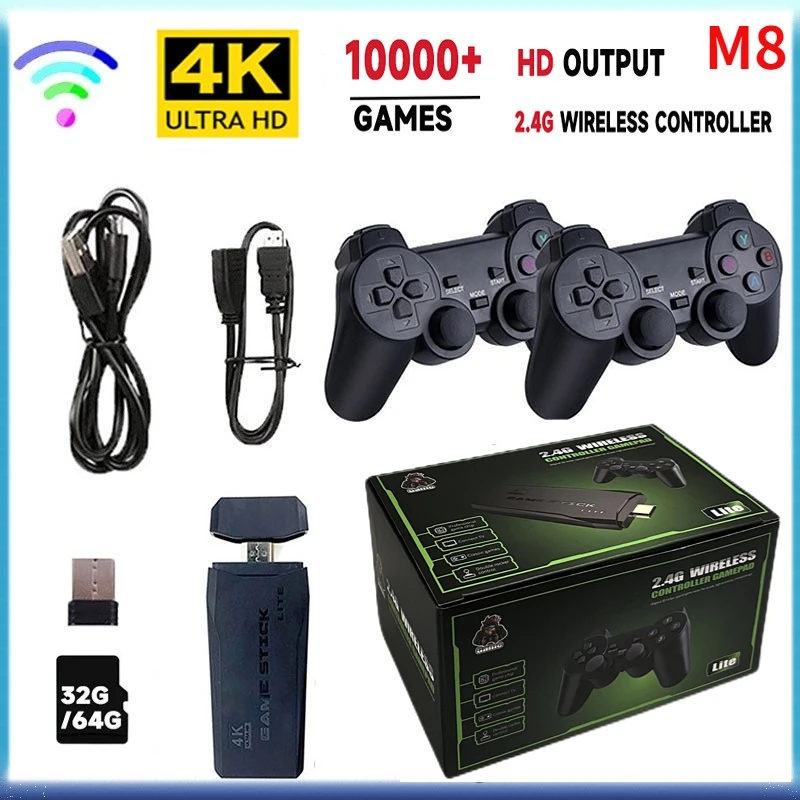 

Video Game Sticks M8 Console 2.4G Double Wireless Controller Game Stick 4K 10000 games 64GB Retro games For PS1 GBA Dropshipping