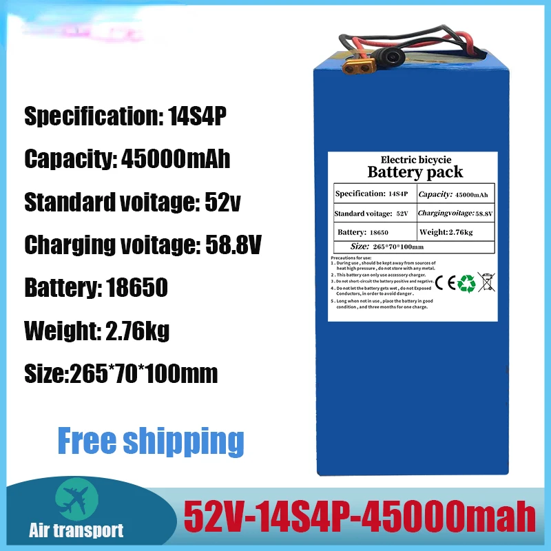 

Free shipping High Capacity 52V 14S4P 45000mAh 18650 1000W Lithium Battery for Balance Car Electric Bicycle Scooter Tricycleaiya