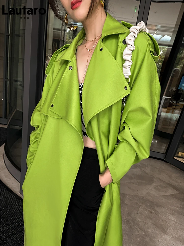 

Spring Autumn Long Oversized Bright Green Faux Leather Trench Coat for Women Belt Loose Stylish Luxury Designer Clothing A052