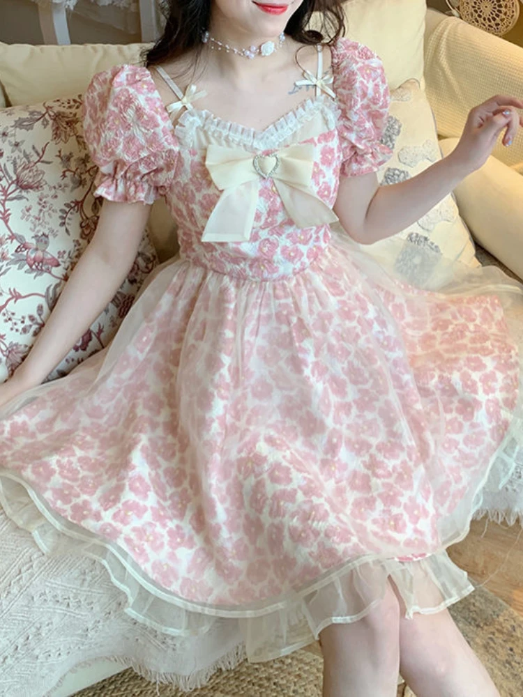 Lace Lolita Print Dress Women French Y2K Patchwork Sweet Party Mini Dresses Female Pink Bow Summer Floral Kawaii 2022 New |