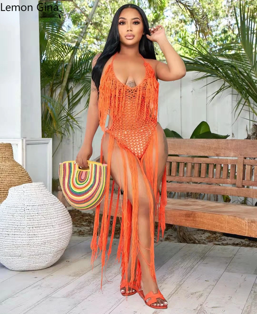 Lemon Gina Women Crochet Tassel Splicing Halter Neck Backless Sleeveless One Piece Suit Swimwear Summer Sexy Swimsuit Bodysuit |