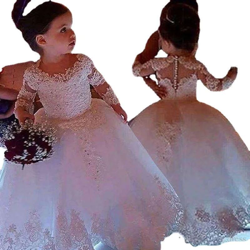

White Flower Girl Dresses For Weddings Tulle Princess Lace Half Sleeve Holy First Communion Gowns Party Pageant Clothes For Kids