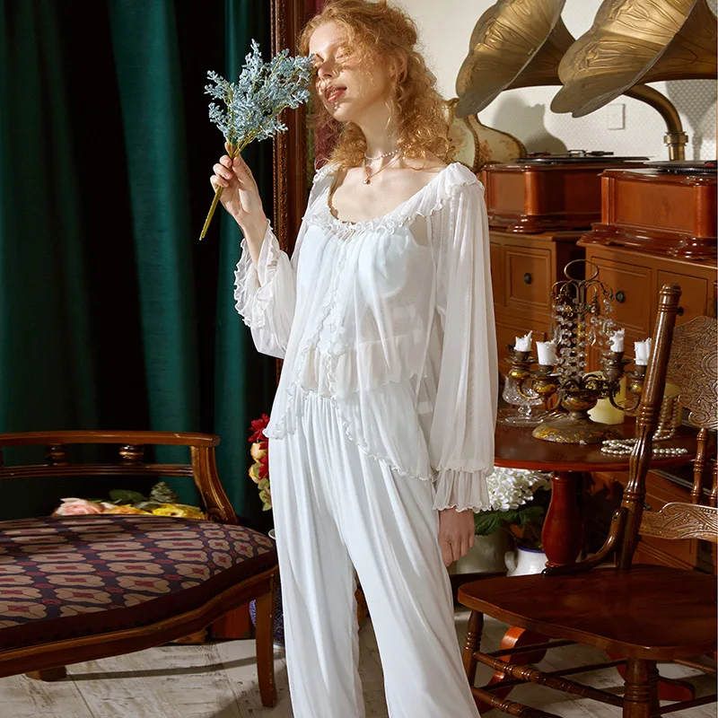 Women Spring Summer Sexy Lace Breathability Sling Cardigan with Chest Pad Gauze Modal Lounge Pajama Sets Three Piece Sleepwear