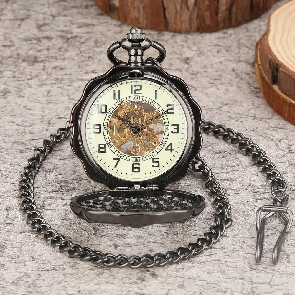 Pumpkin Shaped Mechanical Pocket Watch Black/Luminous Green Dial Vintage Pendant Hand Winding Fob Timepiece Unisex Vintage Clock