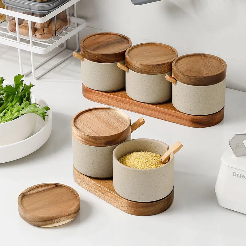 

Кухонная керамическая банка для приправ с деревянной крышкой и ложкой, органайзер для хранения соли и перца, кухонные принадлежности