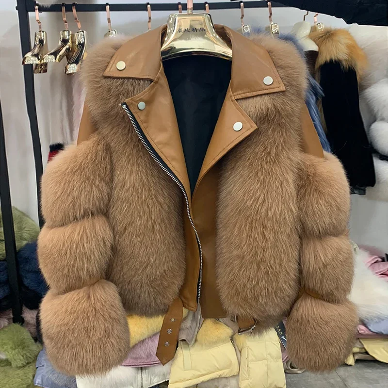 

Winter 100% Natural Leather Women's Jacket Real Fox Fur Coats Genuine Sheepskin Leather Coat Long Sleeve Wholeskin Female Parkas
