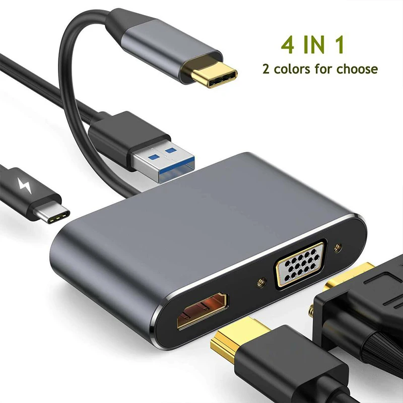 

4 в 1 удлинитель Usb C адаптер USB C концентратор HDMI-совместимый адаптер VGA Usb3.0 быстрое зарядное устройство