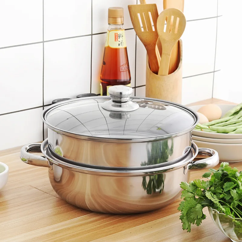 

Stainless Steel Double-deck Steamer Pot Rice Noodle Roll Steamer Soup Pot Steamed Buns Cake Boilers Kitchen Tools Cookware