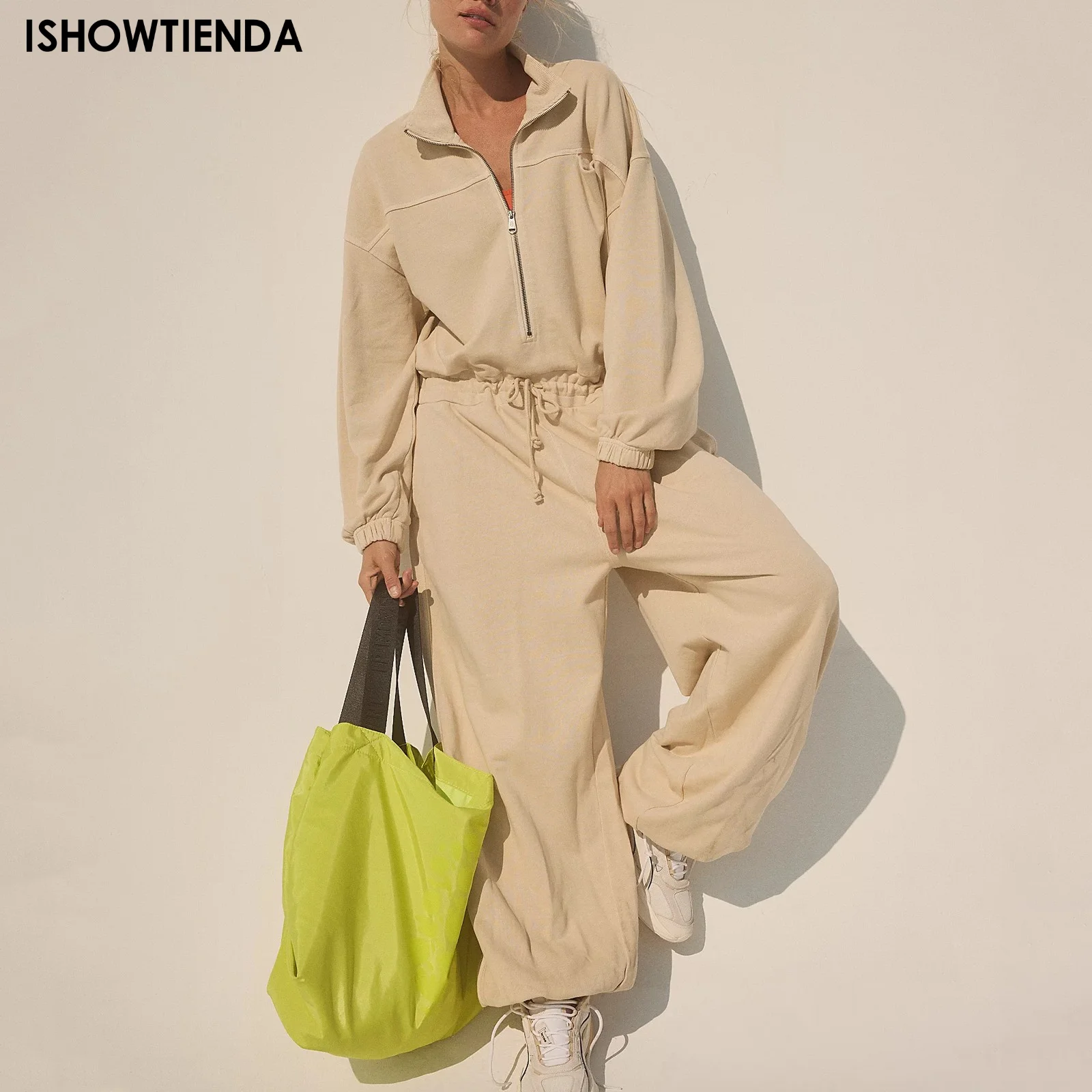 

Women Long Sleeved Jumpsuit Solid Color Zipper Pockets Long Baggy Jumpsuits Romper Overall For Work Wide Leg Trousers Jumpsuits